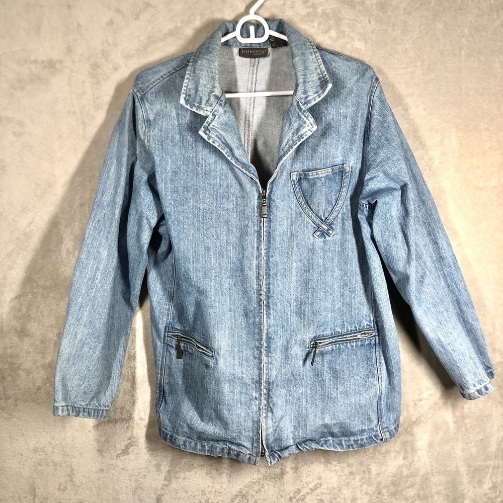 Vintage Denim Field Jacket Women's 1X Blue Jean Boxy Full-zip Work Utility Retro